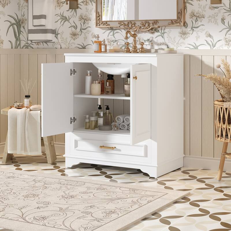 Luxurious 30" Bathroom Vanity with Ceramic Sink, 2 Soft Closing Doors & Solid Wood Frame Storage Cabinet