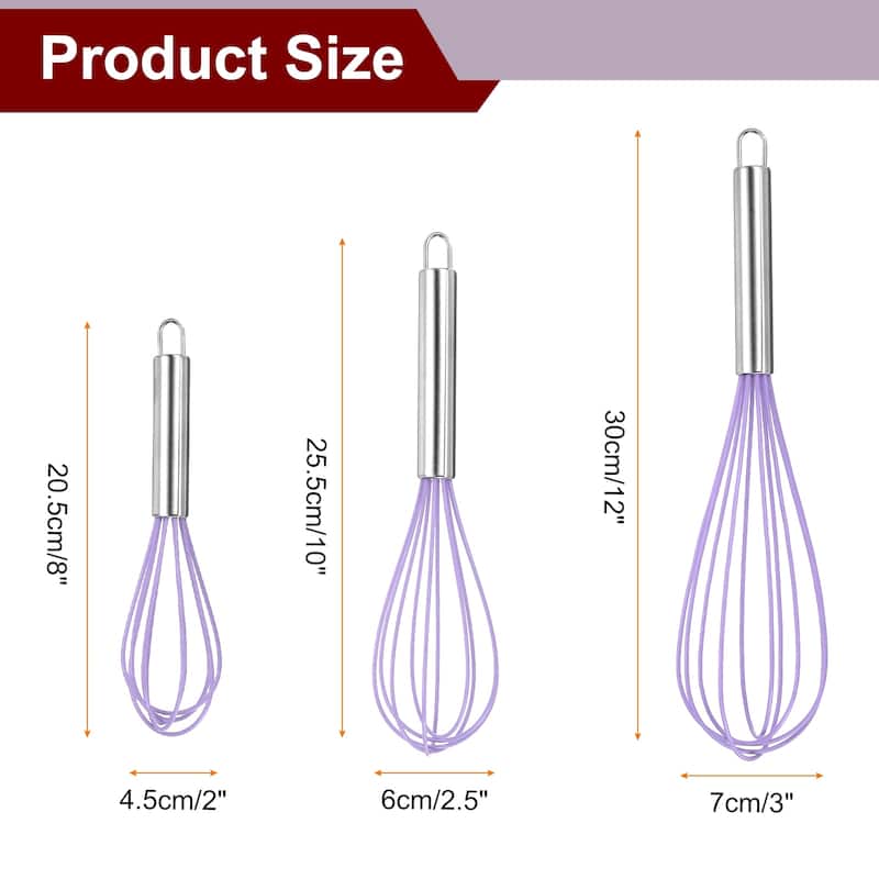 3Pcs Silicone Whisk 8" 10" 12" Kitchen Whisk Wire Whisks Beater - Purple