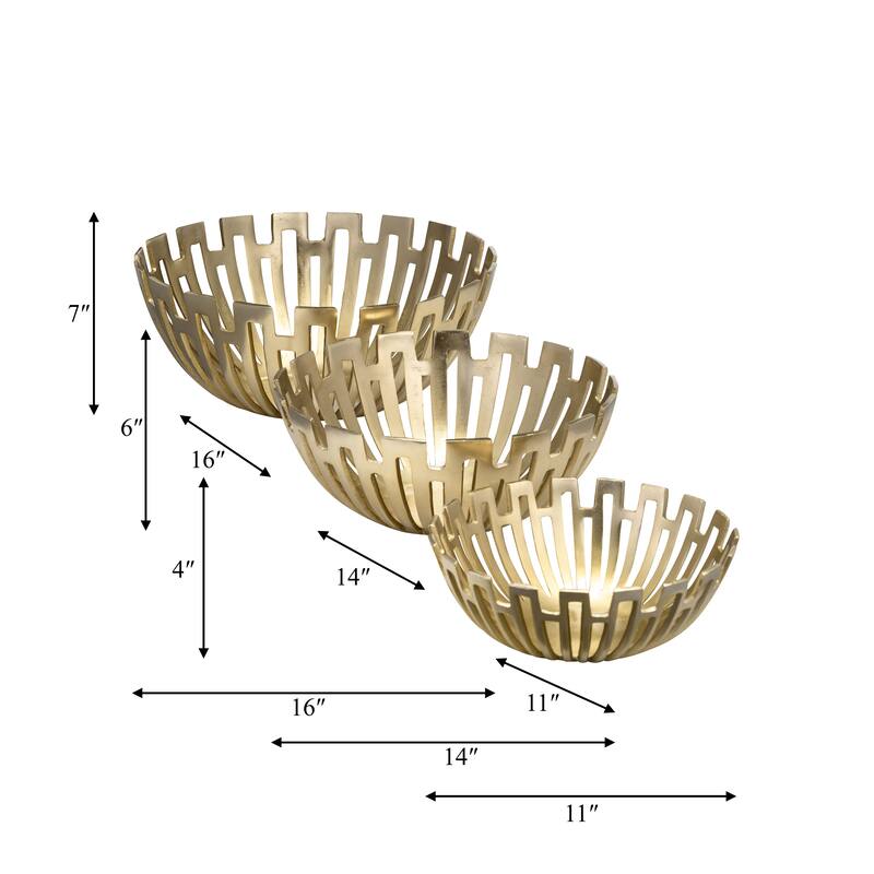 Set of 3 Metal Bowls Contemporary Abstract Glam Coastal Cut-Out Metallic Gold Bowl Set 11", 14", 16" Decorative Bowls