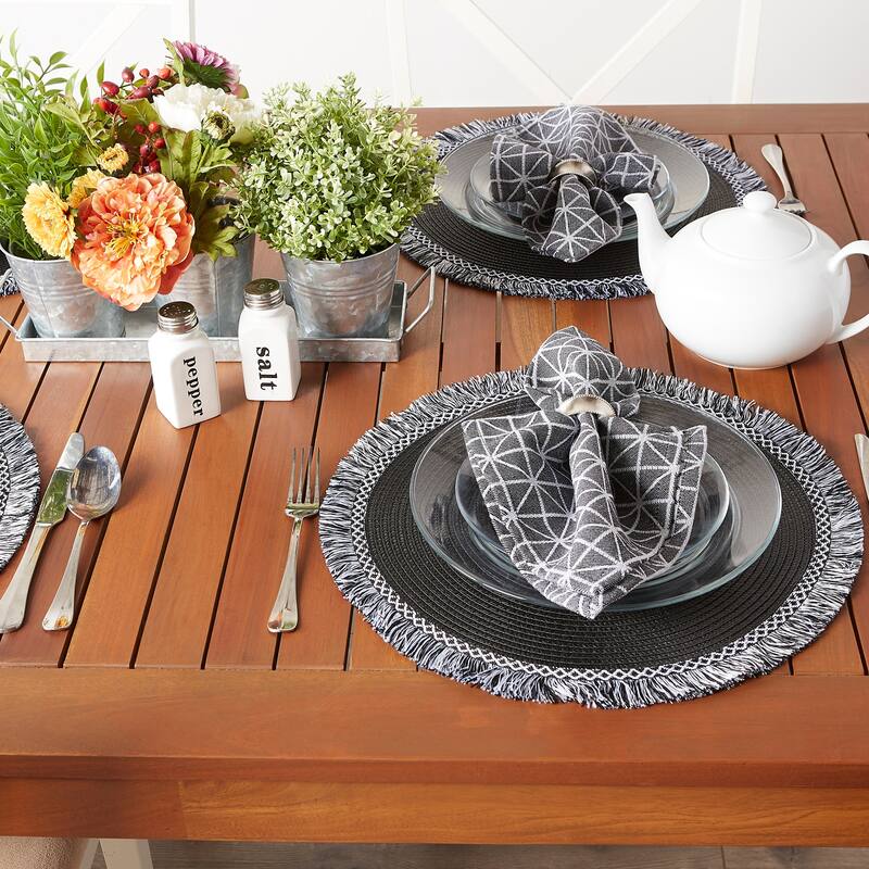 Round Fringed Woven Placemats - 14.75" - Black and White - Set of 6