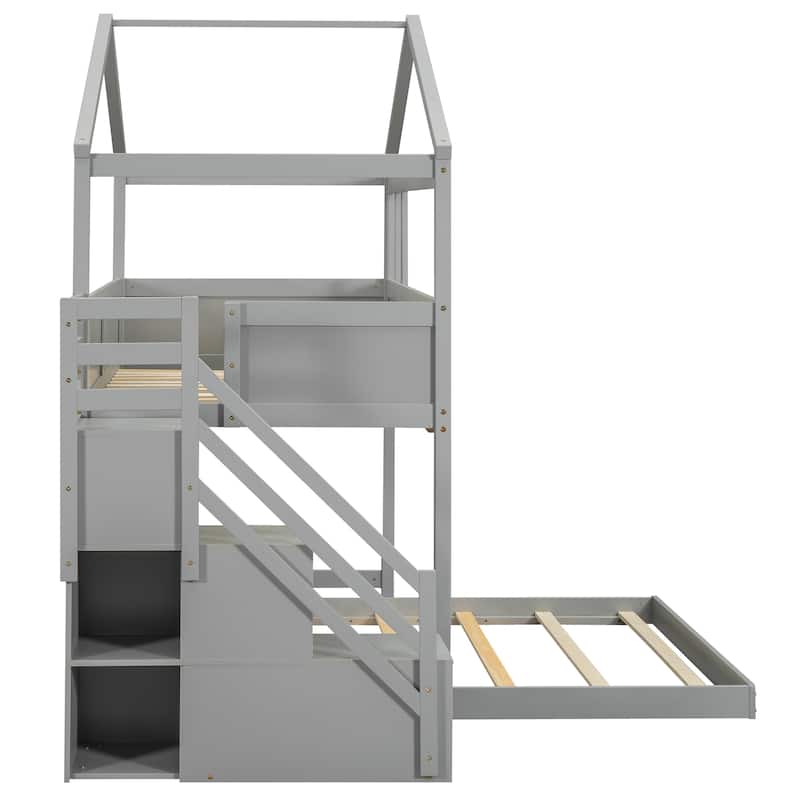 Gray Twin over Full Size Pine Wood House Bunk Bed with Storage Staircase and Blackboard