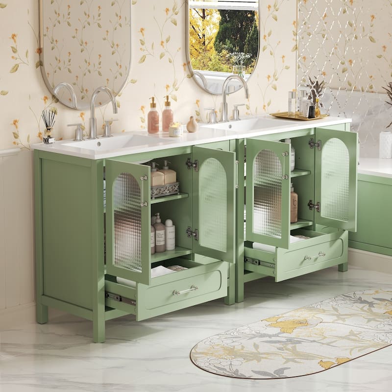 72" Double Sink Bathroom Vanity - Waffle Texture Doors, 8 Drawers & 4 Soft-Close Cabinets, Large Storage with Glass Accents