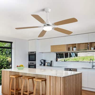 Wood Dual-Color Blades Ceiling Fan with Adjustable 3-Color LED Light, Remote Control Reversible Motor Flush Mount Light