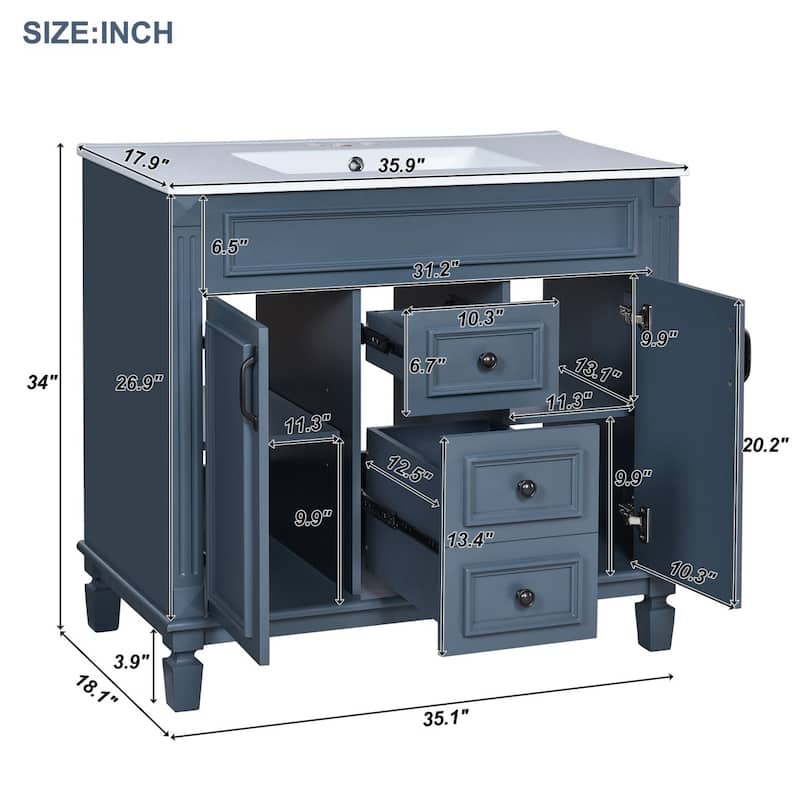 36'' Bathroom Wood Storage Vanity Cabinet with Ceramic Sink, Drawers