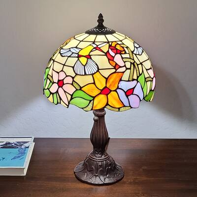 Tiffany Style Table Lamp 19" Tall Stained Glass Floral Hummingbird Decor Bedroom Office Handmade AM1112TL12B Amora Lighting