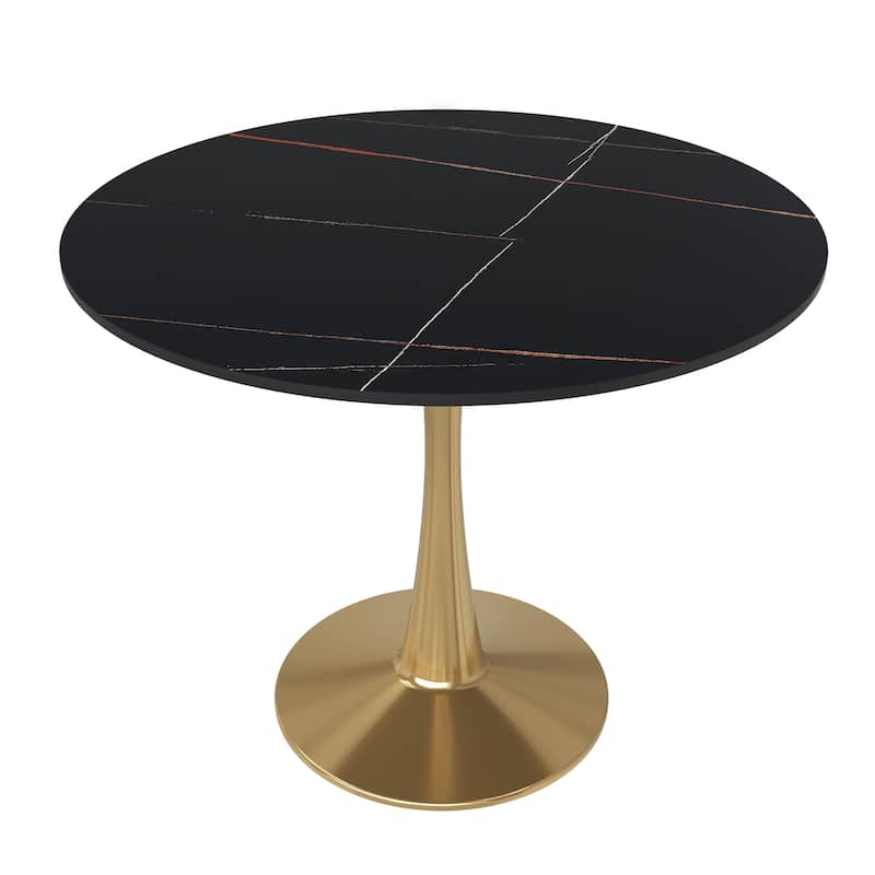 Bristol 31" Round Dining Table for 4 with Sintered Stone Tabletop in Gold Steel Base for Kitchen & Dining Room - Black