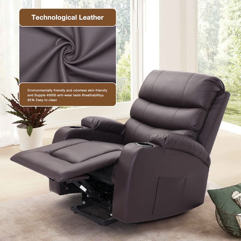 Oversized Power Lift Recliner Chair with Massage & Heat, PU Leather, USB Port, Cup Holders & Pockets