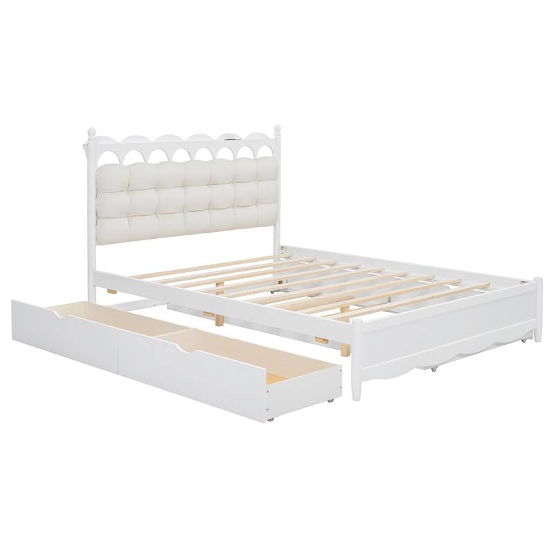 Queen Size Wooden Storage Platform Bed with 2 Drawers, Trundle, USB Ports & Sockets, White