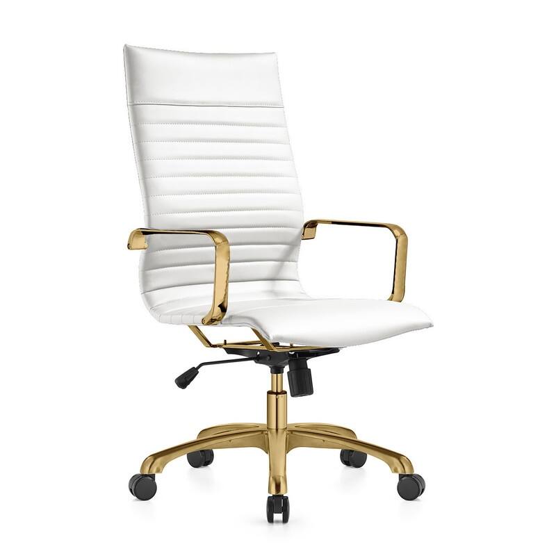 Harris High-Back Leather Office Chair in Brushed Gold Frame Adjustable Height Tilt Computer Task Chair with 360-Degree Swivel - White