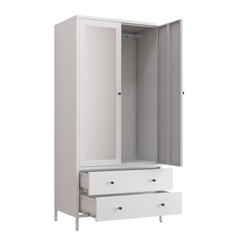 Metal Armoire Wardrobe Closet with 2 Drawers,Mirror Door and Hanging Rod