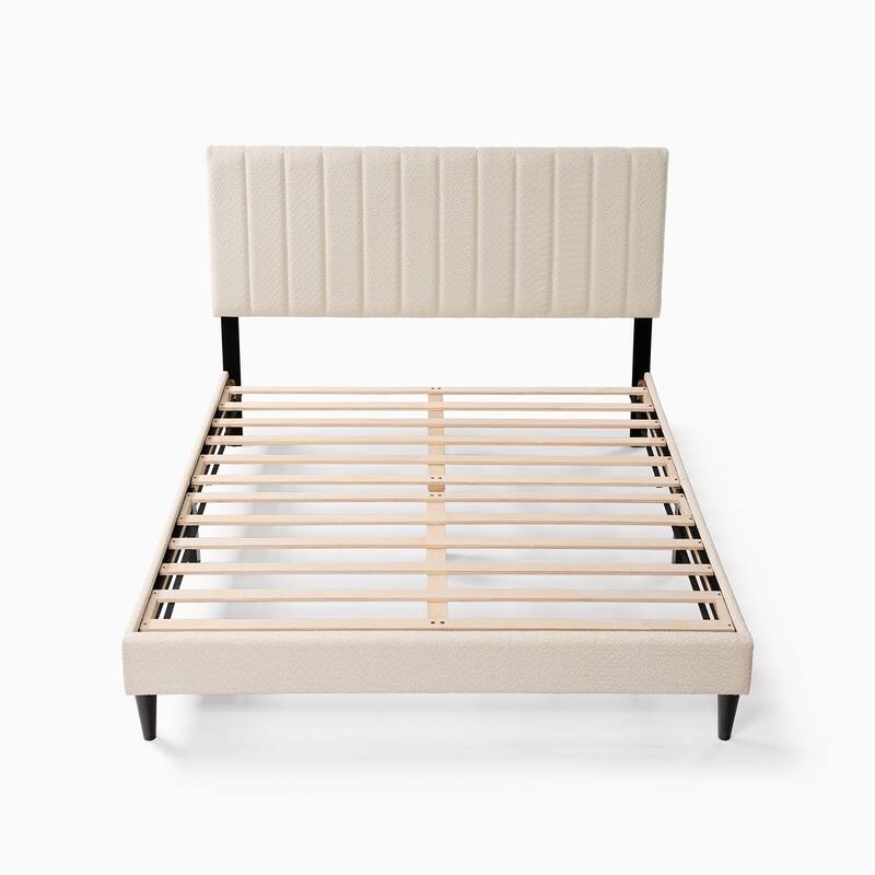 Cream White Upholstered Queen Platform Bed Frame
