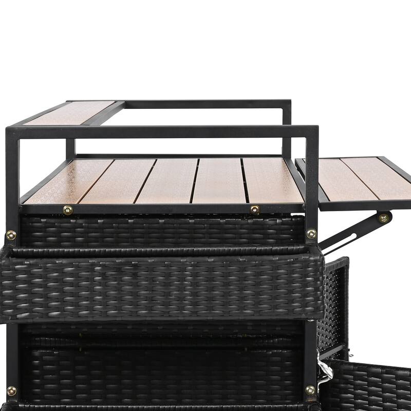 Wicker Outdoor Grill Cart with Extended Plastic Wood Table Top,For Patio Backyard Garden Poolside