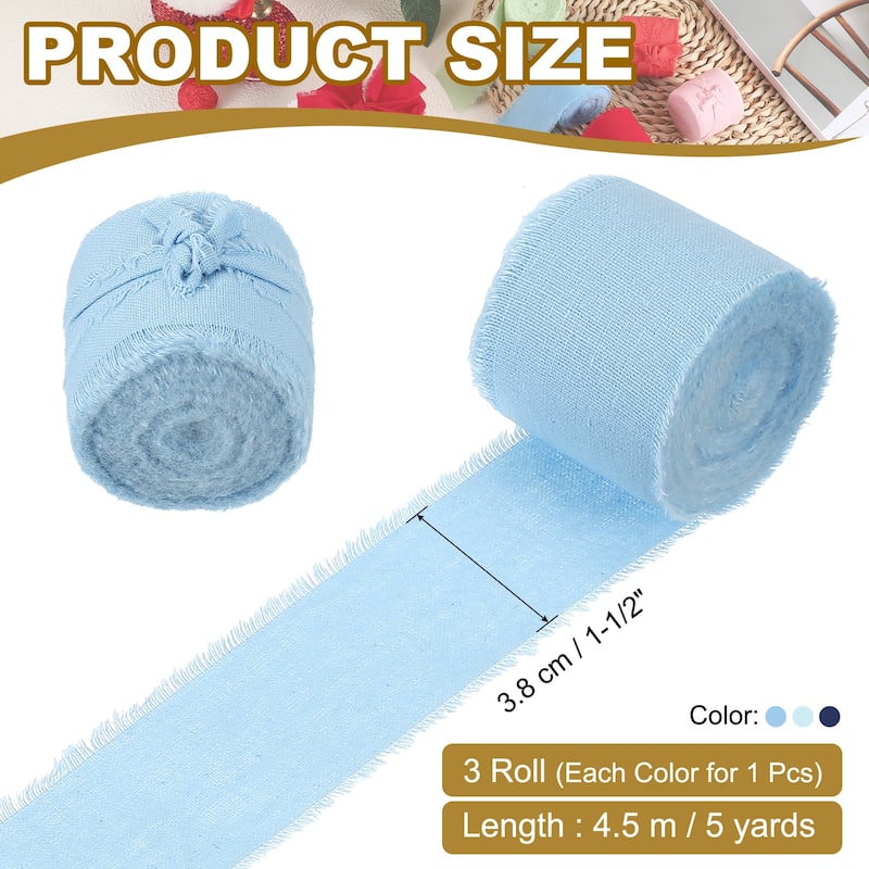1-1/2"x15 Yd Handmade Fringe Cotton Ribbon Frayed Ribbons 3 Roll - 5Yd - Dust Blue/Sky Blue/Iron Blue
