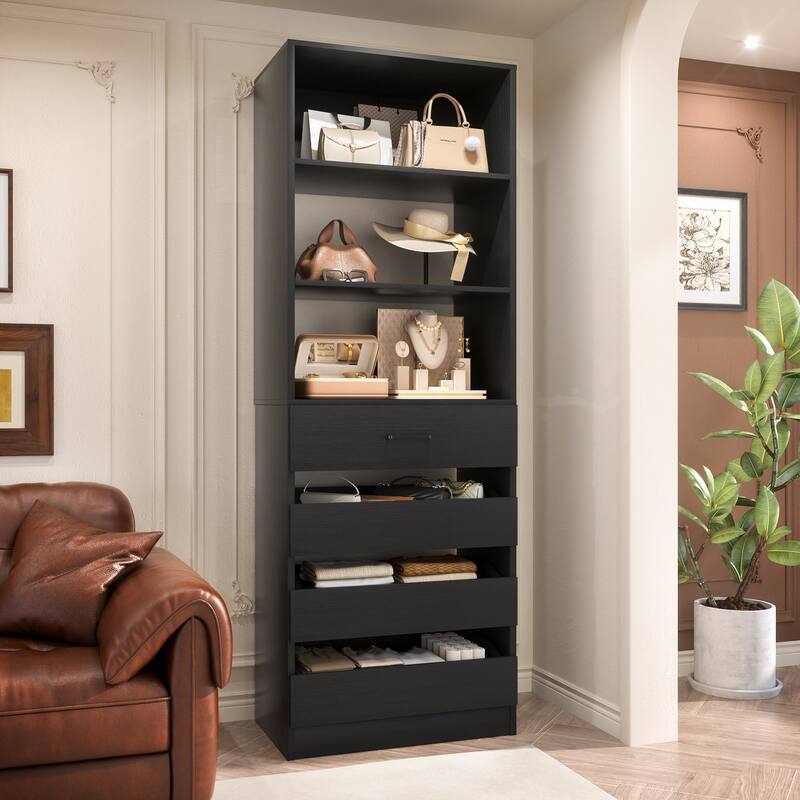 21.3" Storage Cabinet Bookshelf with Charging Station and 3 Wood Drawers, Freestanding Closet System with Storage Shelves