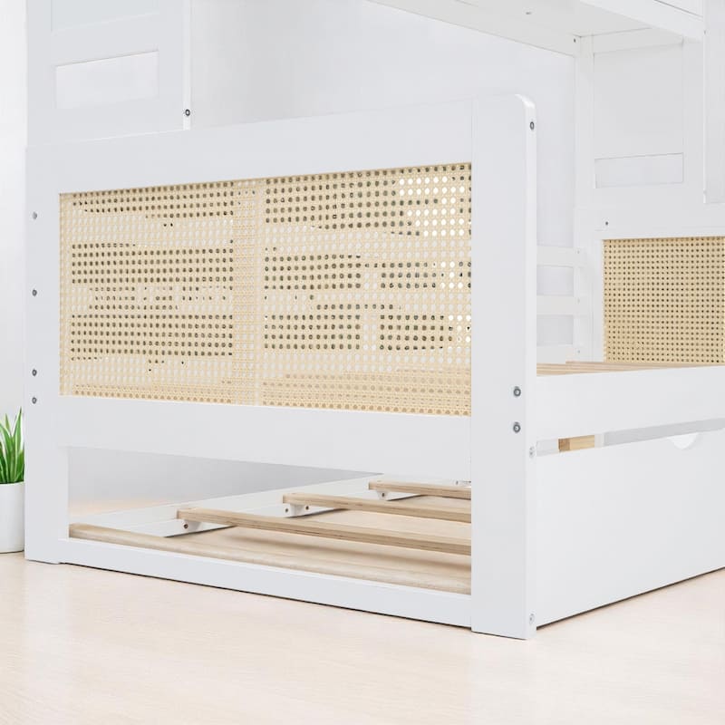 Wooden Twin/Full Daybed with Trundle Bed, Storage Shelves and Cabinet, No Box Spring Required, Rattan Design
