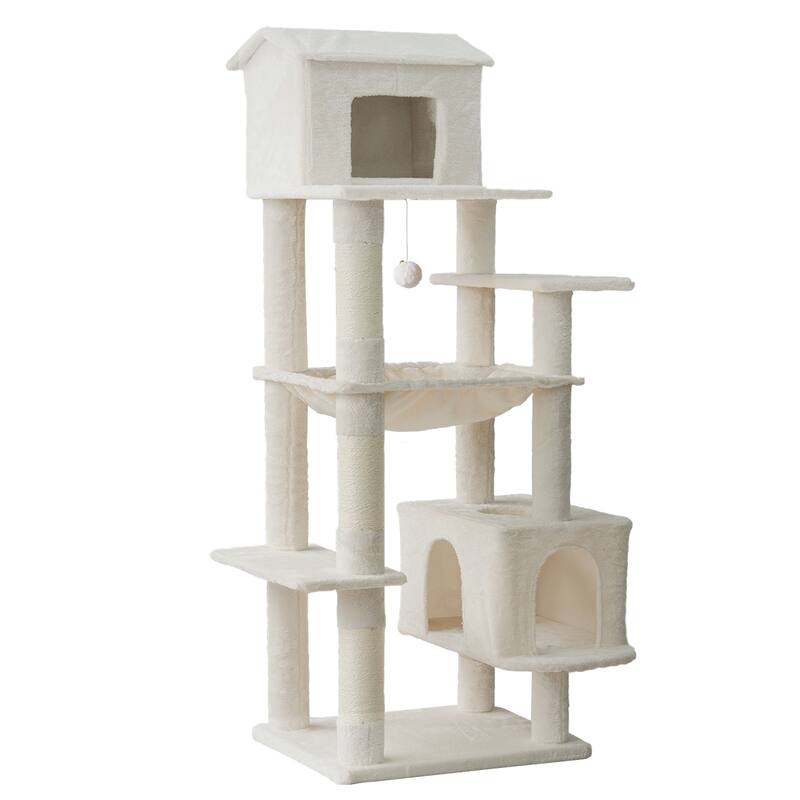 Beige Multi-Level Cat Tree with Unique Cat House, Hammock, Scratching Posts - Plush Cat Tower