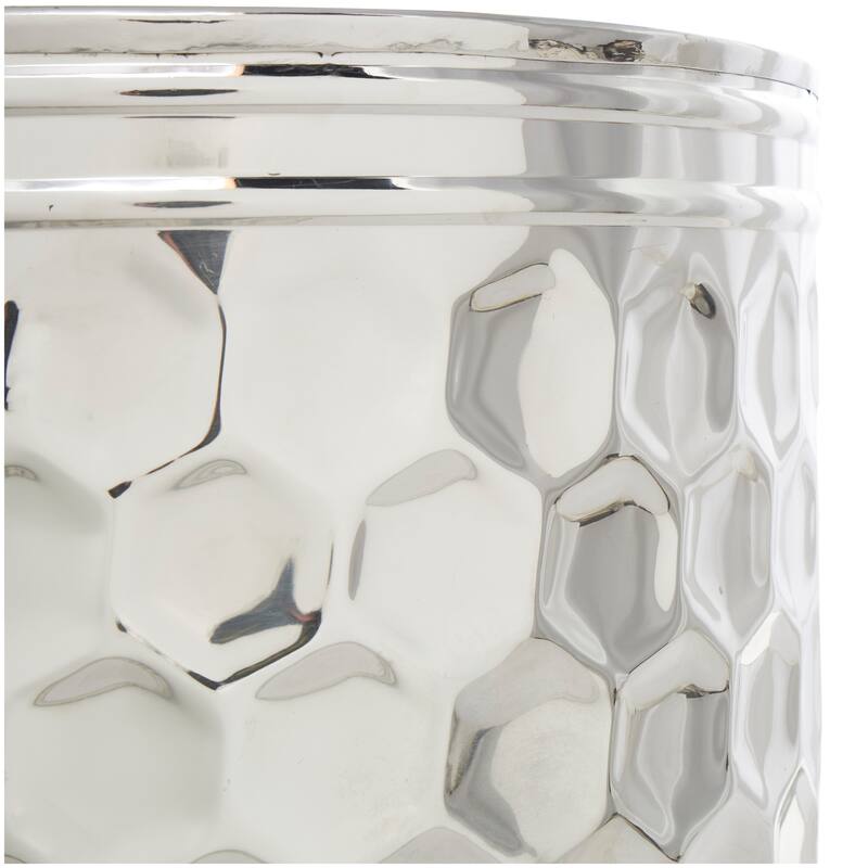 Silver Stainless Steel Metal Drum Geometric Accent Table with Hexagon Patterned Exterior