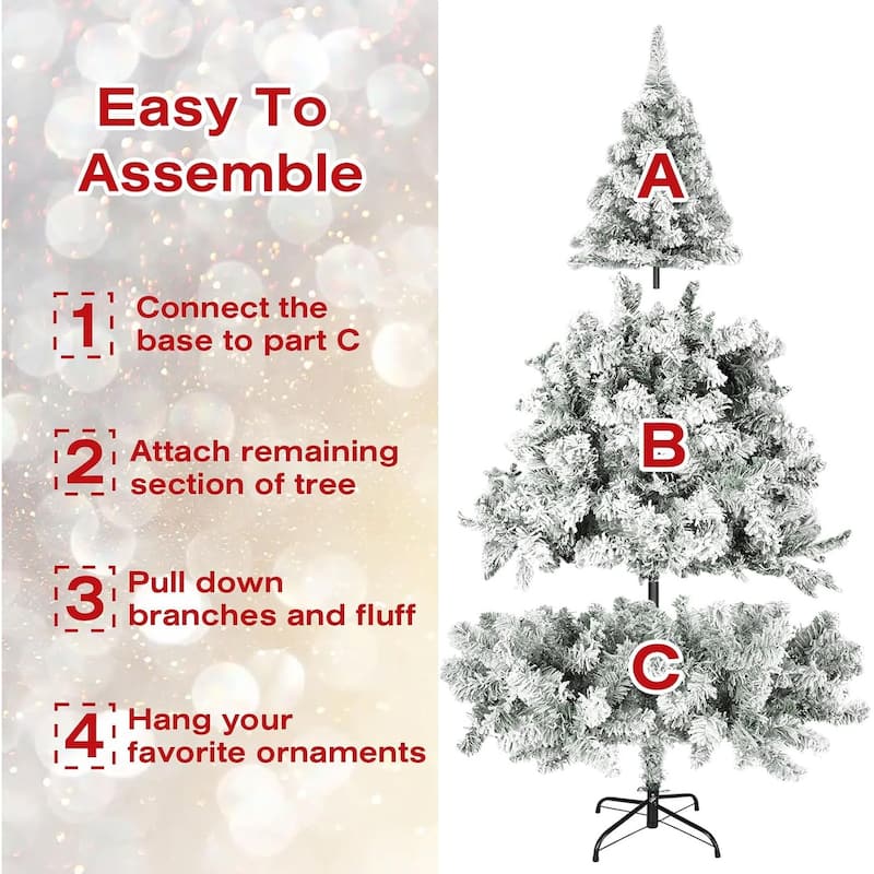 6ft-7ft Artificial Snow Flocked Christmas Tree with Metal Stable Stand Base for Indoor and Outdoor Holiday Decoration