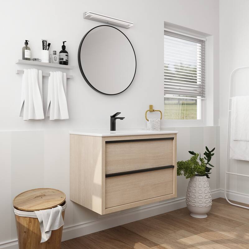 Wall-Mounted Plywood Bathroom Vanity Set in Plain Light Oak with Integrated Sink