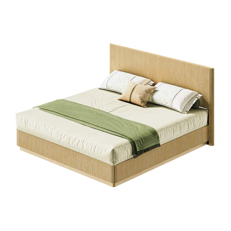 Low Profile Bed Frame with High Headboard, LED Light Strip Under Bed, Wooden Corrugated Curved Platform Bed, Metal Frame Support