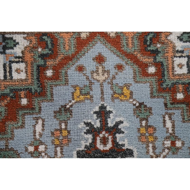 Light Blue Geometric Heriz Indian Area Rug Handmade Wool Carpet - 3'2"x 4'11"