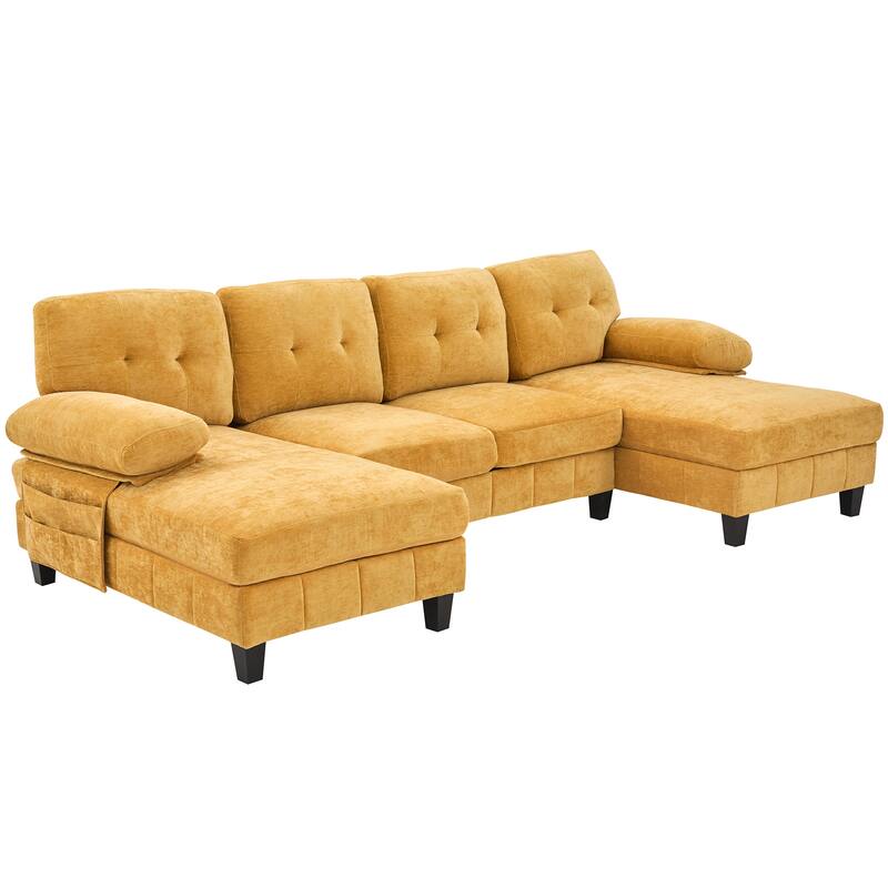 U-Shaped Modular Sectional Sofa with Dual Chaise Lounges, Chenille Fabric Cloud Couch with Storage Pockets & Armrest Pillows