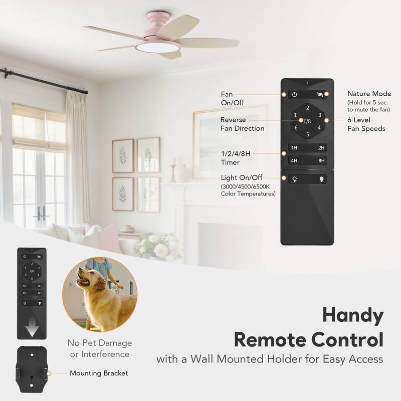 5 - Blade Low Profile Flush Mount Modern Ceiling Fan with LED Light and Remote