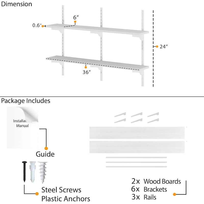 Adjustable Shelf, 36 inch Floating Shelves, Wooden Closet Shelves, Kitchen Shelving, Pantry Shelves, Wall Mounted, Tier Options