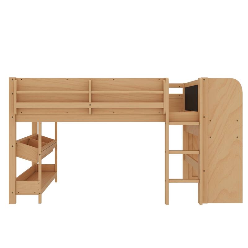 Full/Twin Size Loft Bed with Built-in Desk, Multi-Storage Bookcases & Blackboard, Solid Wood Low Loft Bed Frame