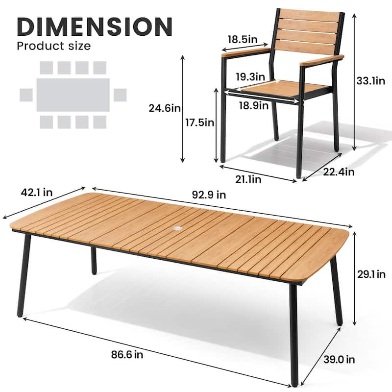 7-piece Patio Dining Set Outdoor Aluminum Rectangular Table with Umbrella Hole and Stackable Chairs