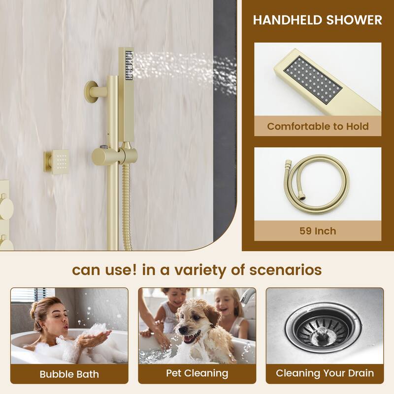 Thermostatic 3-Spray 12 in. Wall Mount Fixed and Handheld Dual Shower Head 2.5 GPM with 4-Body Jets and Adjustable Slide Bar