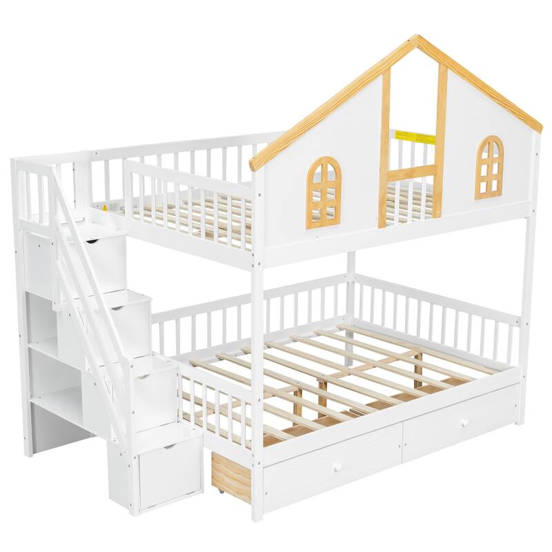 Fairytale Bunk Bed with Window Door House-shaped Roof Frame and Storage Staircase, Optional with Storage Drawers or Trundle Bed