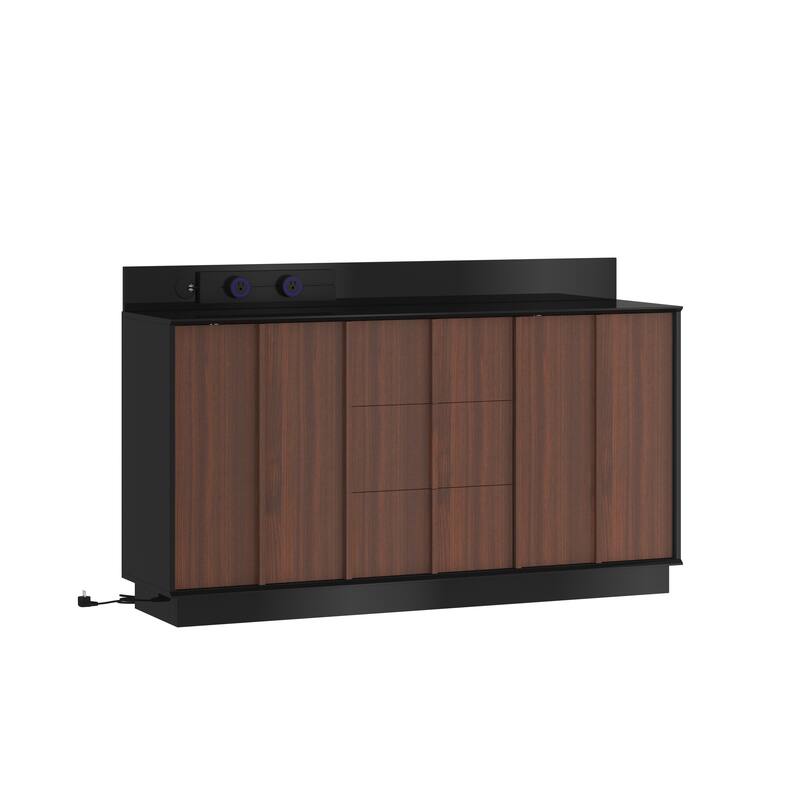 Modern Black High-Gloss Sideboard Buffet Cabinet with Coffee Wood Grain Doors, Sliding Power Outlet & Cable Management Box