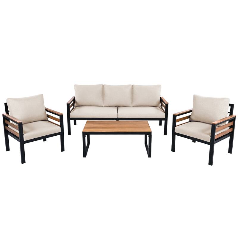 4-Piece Outdoor Sofa Set with Acacia Wood Armrests & Coffee Table, for 5 People