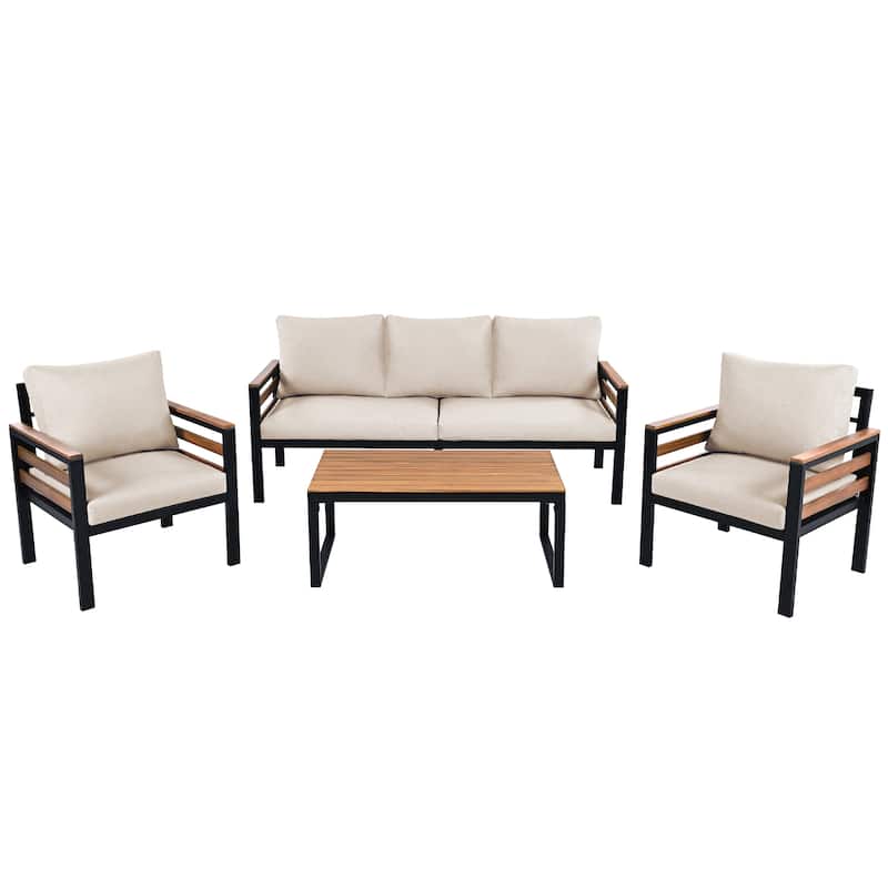Roomfitters 4-Piece Outdoor Patio Furniture Set with 3-Seater Sofa, 2 Armchairs and Coffee Table, Wood Accents