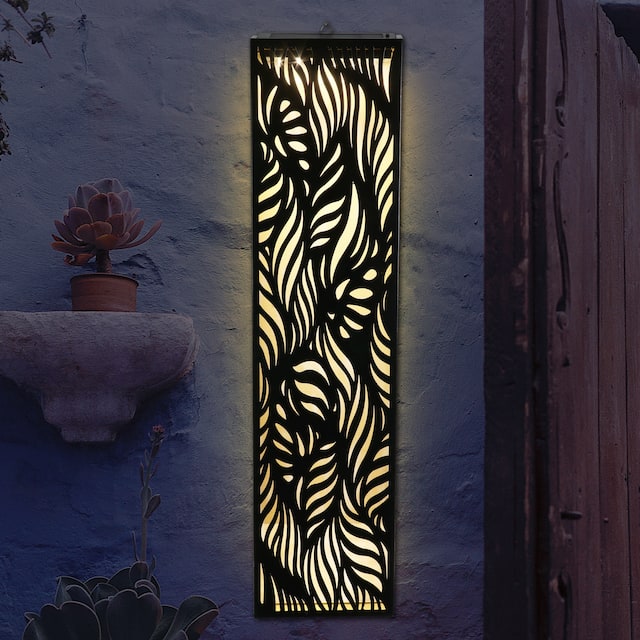 Exhart Solar Metal Filigree Wall Panel Art with Leaf Pattern, 8 x 33 Inches - Black