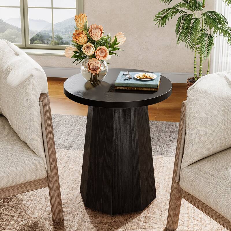 Farmhouse Wood Round End Side Couch Table with Octagonal Base