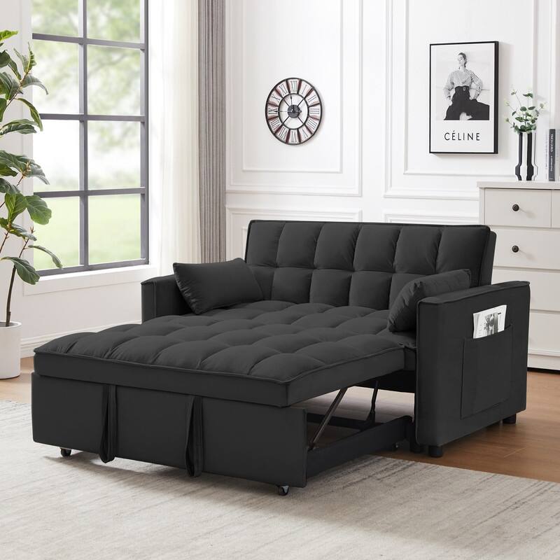 Modern 3-in-1 Convertible Velvet Loveseat Futon Sofa Bed with Recliner&Pull-Out Sleeper - Black