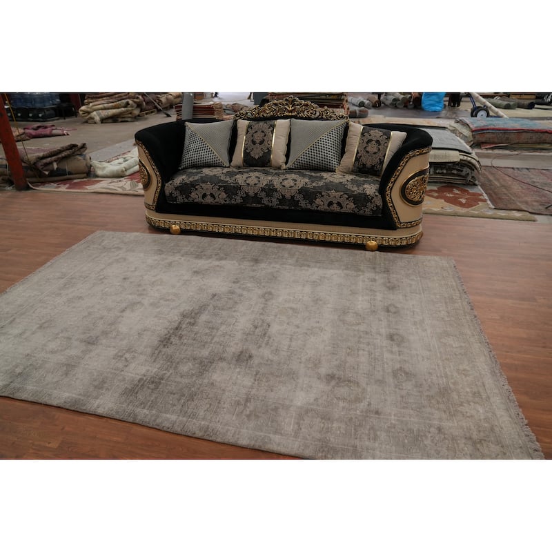 Hand-knotted Transitional Silk Carpet Brown Oushak Rug Geometric Oriental Area Rug - 9' 10'' X 6' 6''