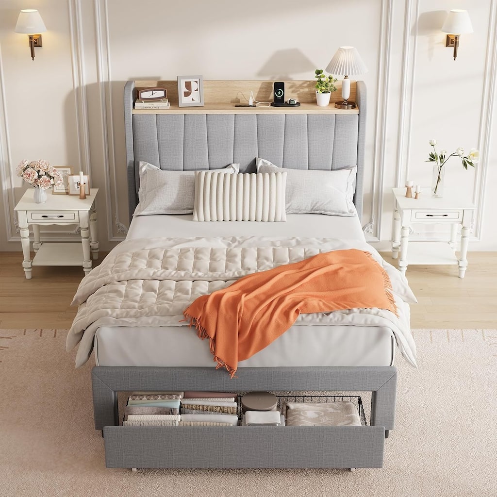 Upholstered Platform Beds with Drawers, Storage Headboard, Charging Station, Grey