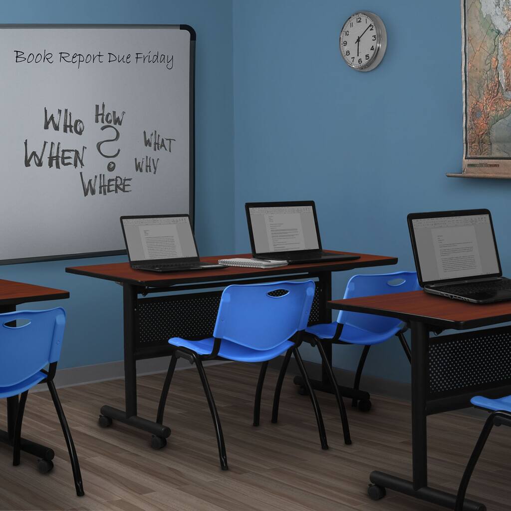 60" x 30" Flip Top Mobile Training Table with Modesty Panel- Cherry and 2 "M" Stack Chairs- Blue