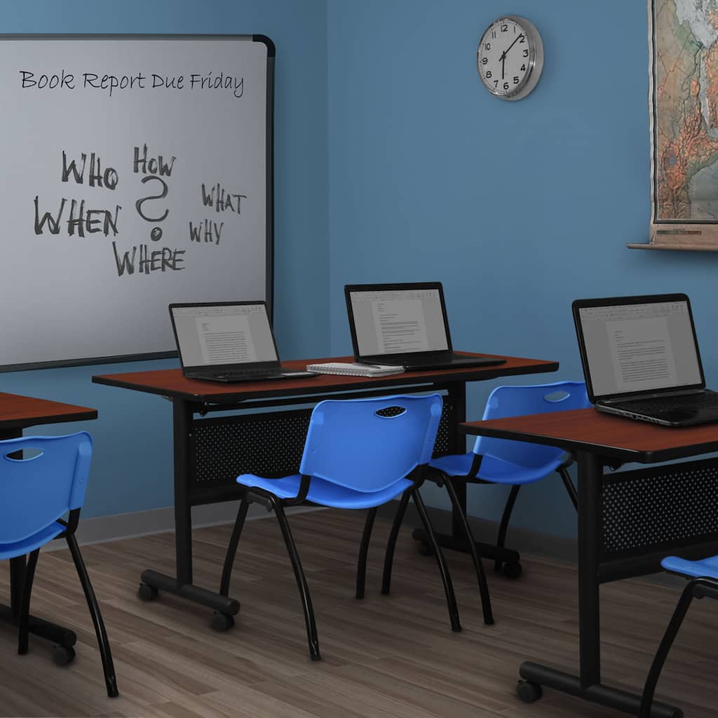 72" x 30" Flip Top Mobile Training Table with Modesty Panel- Cherry and 2 "M" Stack Chairs- Blue