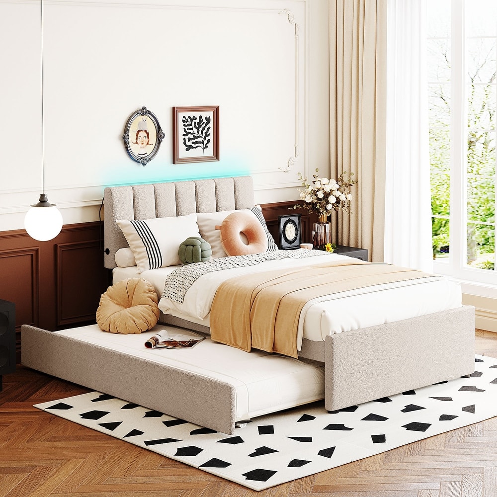 Teddy Fleece Upholstered Platform Bed with Trundle by Harper&Bright Designs