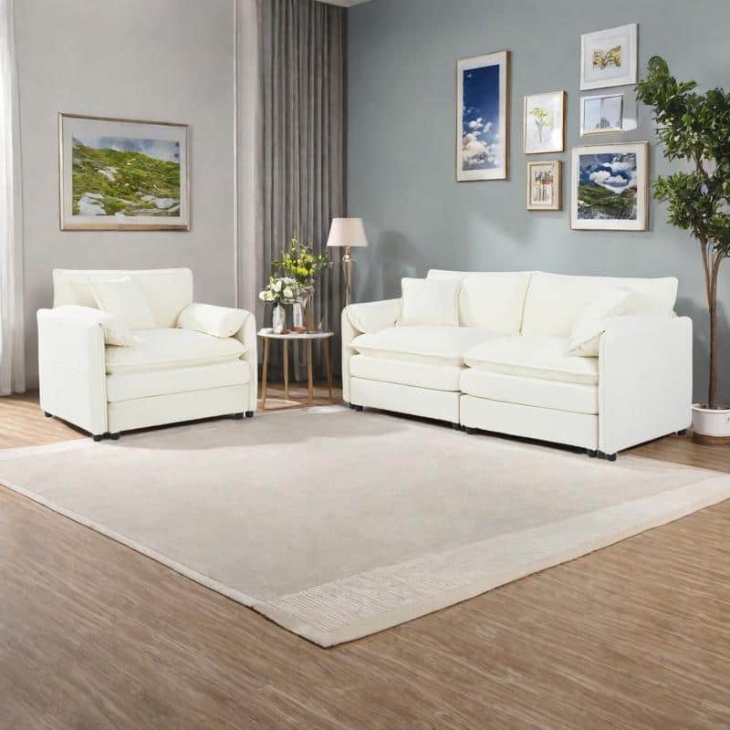 3-pieces Chenille Cloud Loveseat Sofa & Armchair Set with Deep Seat Couch and 3 Pillows - Beige