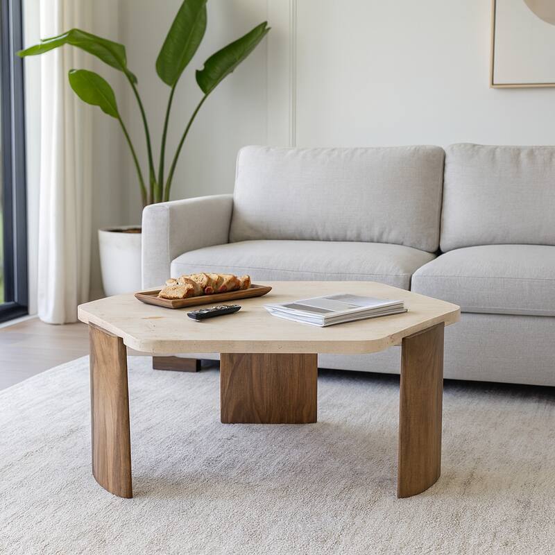 Mango Wood Hexagon Coffee Table - Brown, 32" - 32.0" - Marble - 32.0" - Brown