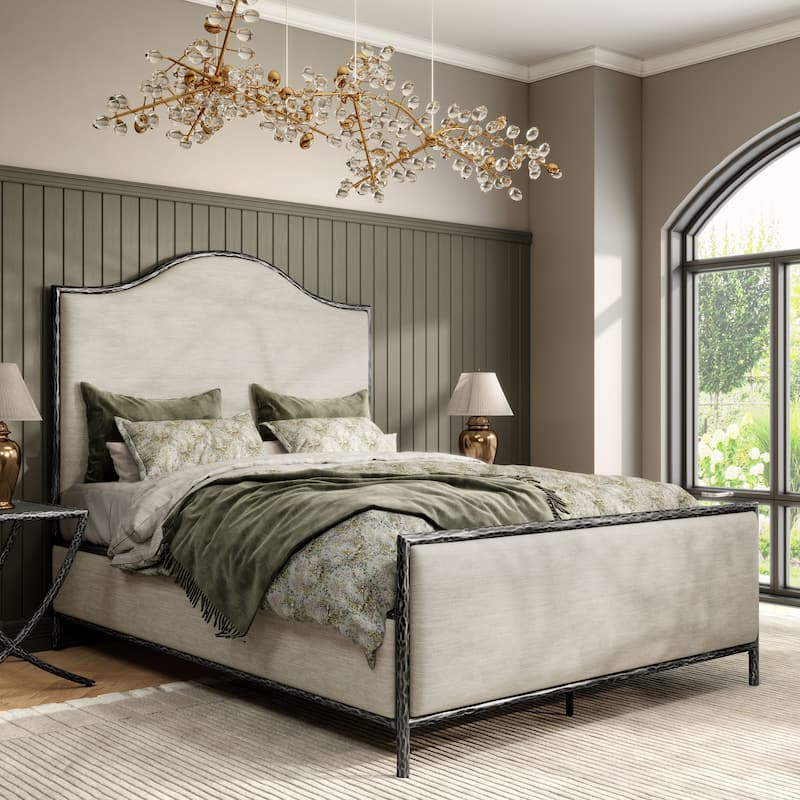 247 Shop At Home Lalia Modern Beige Upholstered Hammered Metal Camelback Bed - Matte Grey - Queen