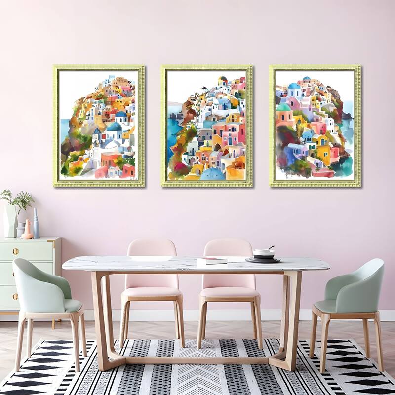 Set of 3 Colorful Cityscape Framed Wall Art - Replaceable Canvas Prints with Wood Picture Frames - Green,Pink