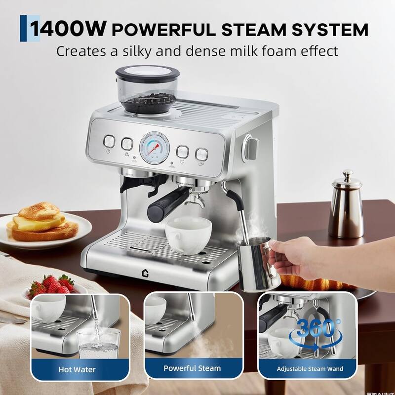 Espresso Coffee Machine with Grinder & 20 Bar Pressure, 2.8L Removable Water Tank, Silver