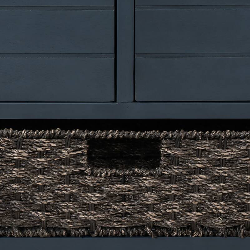 Modern Farmhouse Style Wooden Bench with 2 Drawers and a Woven Storage Basket