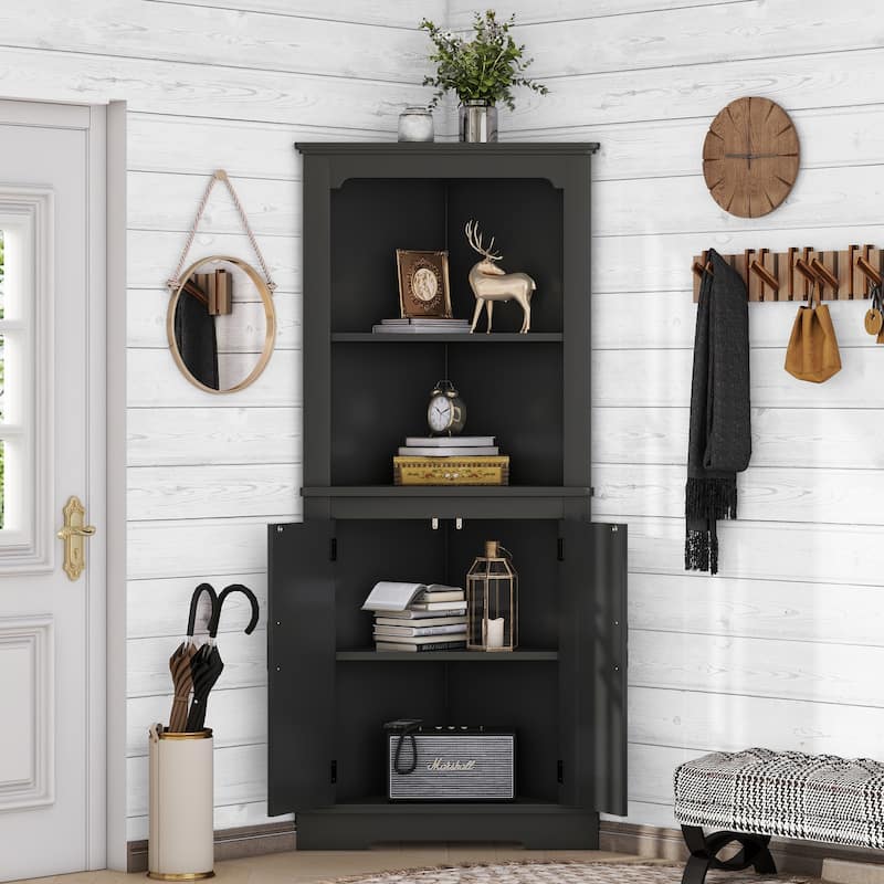 Corner Accent Cabinet with Barn Door & Open Shelves, Freestanding Corner Storage Cabinet